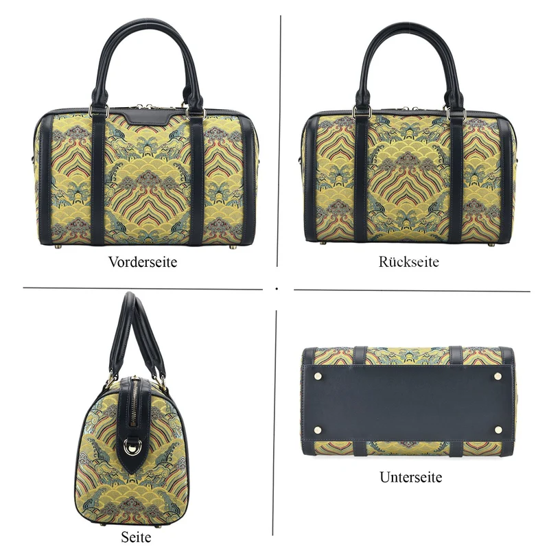 LA MAREY Signature - Seiden-Brokat Tasche mit Leder, 30x18x15 cm, Gelb