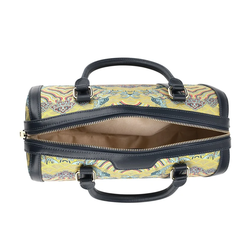 LA MAREY Signature - Seiden-Brokat Tasche mit Leder, 30x18x15 cm, Gelb
