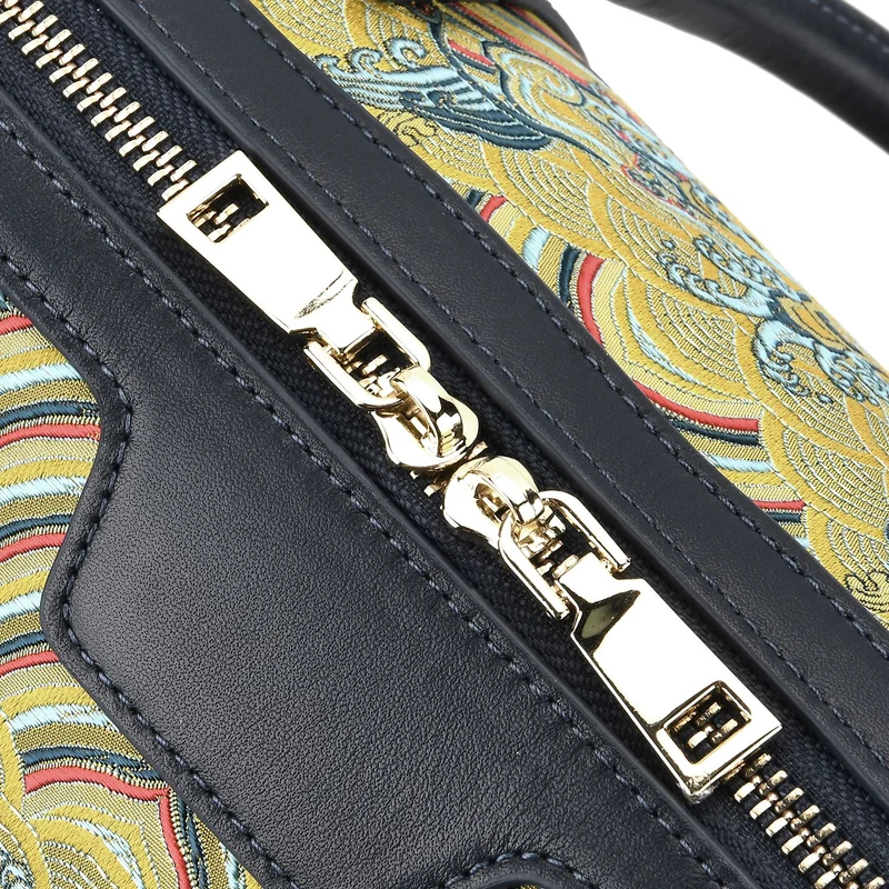 LA MAREY Signature - Seiden-Brokat Tasche mit Leder, 30x18x15 cm, Gelb