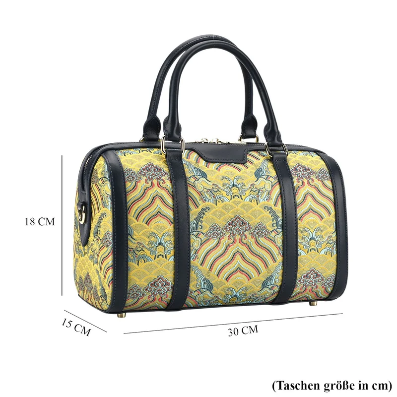 LA MAREY Signature - Seiden-Brokat Tasche mit Leder, 30x18x15 cm, Gelb