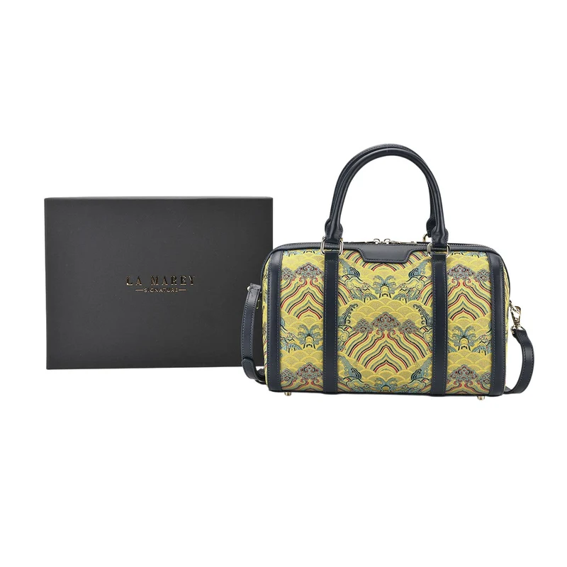 LA MAREY Signature - Seiden-Brokat Tasche mit Leder, 30x18x15 cm, Gelb