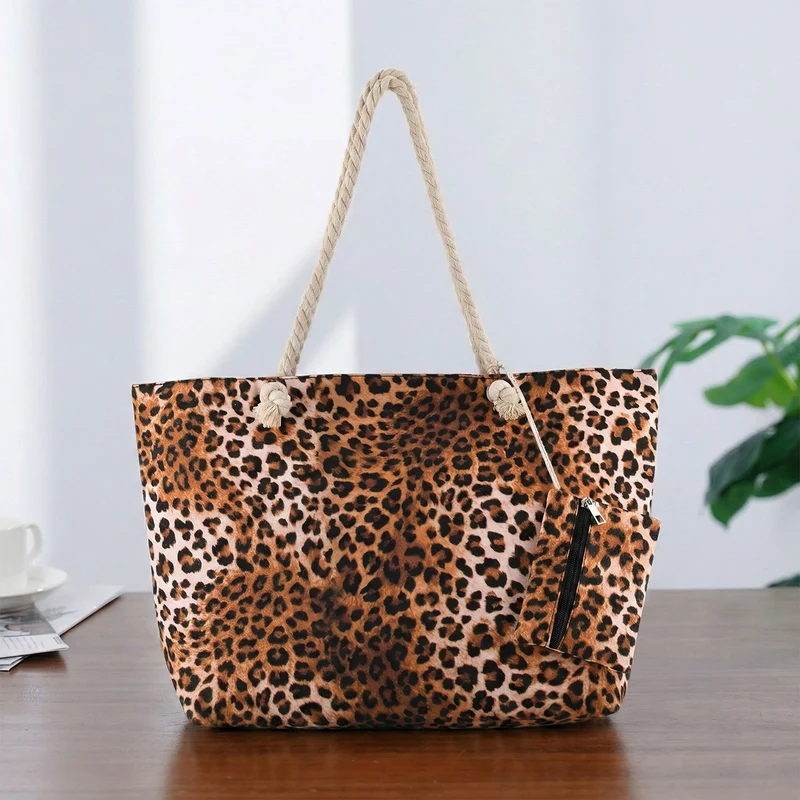 Leopardenmuster Shopper Set 2-teilig Große Tragetasche 56 x 36 x 16 cm mit Reißverschluss Etui 15 x 12 cm, Rot