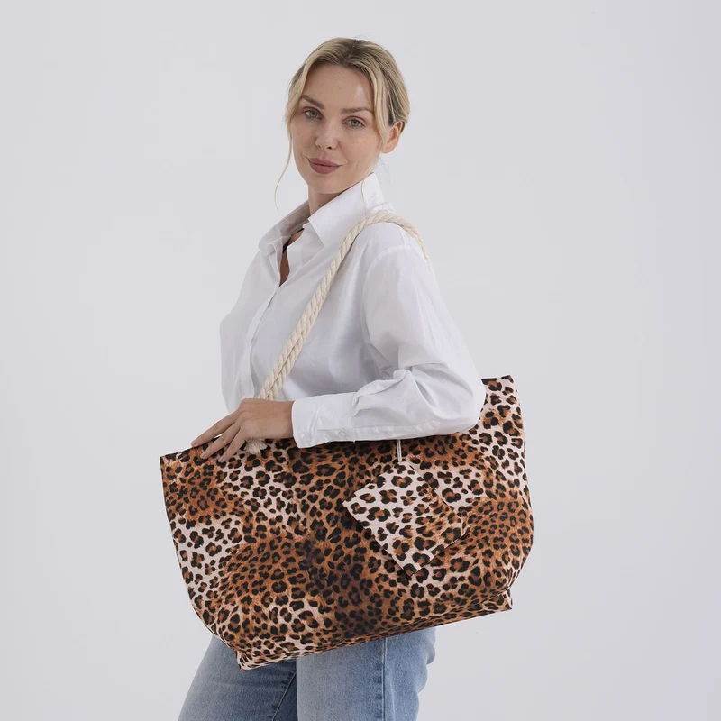 Leopardenmuster Shopper Set 2-teilig Große Tragetasche 56 x 36 x 16 cm mit Reißverschluss Etui 15 x 12 cm, Rot