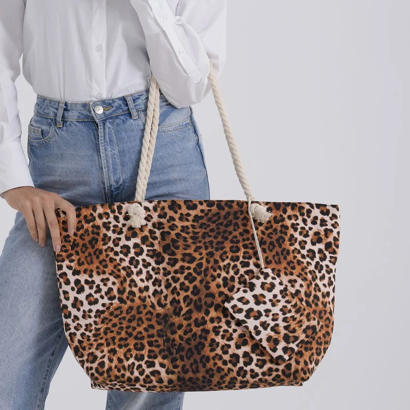 Leopardenmuster Shopper Set 2-teilig Große Tragetasche 56 x 36 x 16 cm mit Reißverschluss Etui 15 x 12 cm, Rot