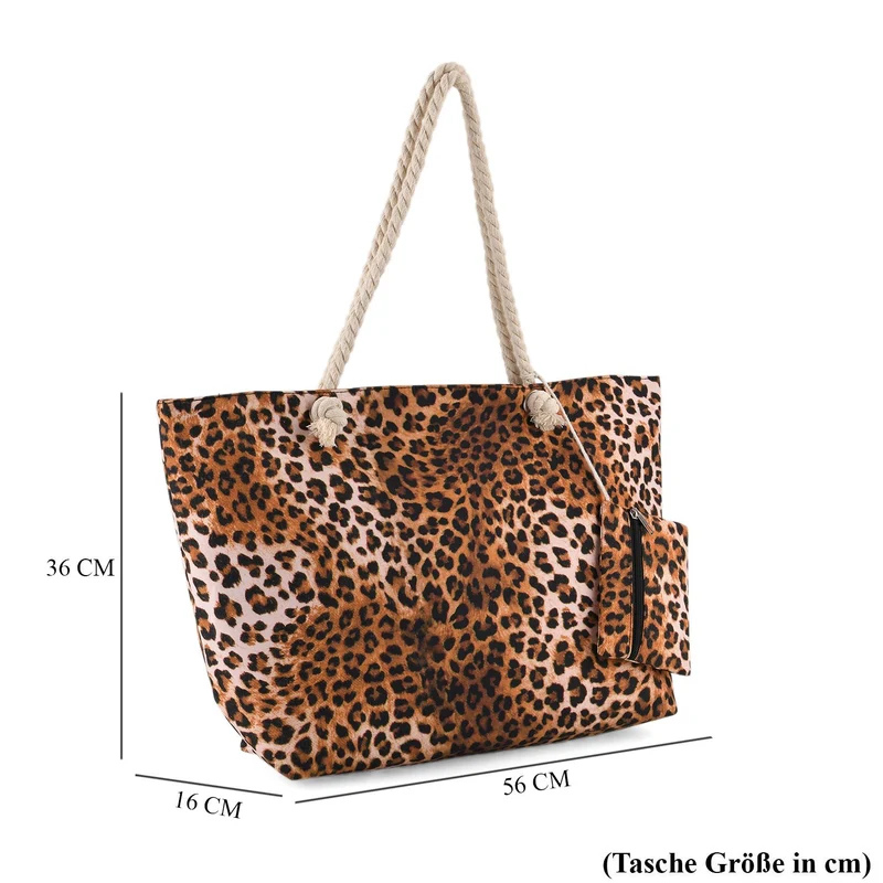 Leopardenmuster Shopper Set 2-teilig Große Tragetasche 56 x 36 x 16 cm mit Reißverschluss Etui 15 x 12 cm, Rot