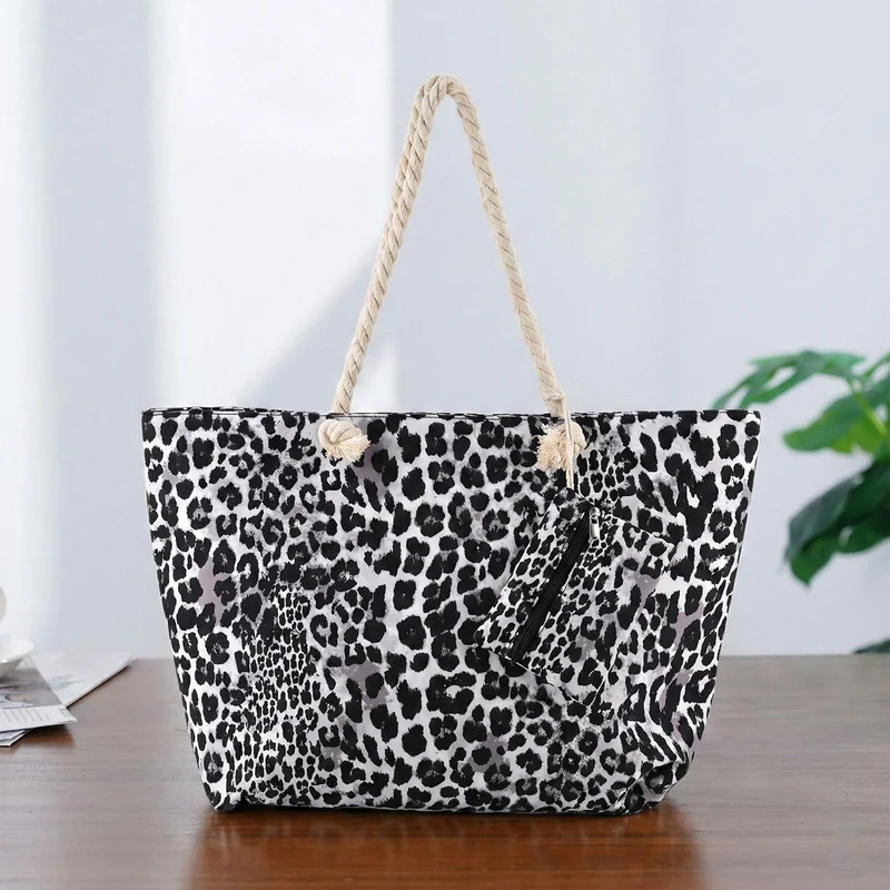Leopardenmuster Shopper Set 2-teilig Große Tragetasche 56 x 36 x 16 cm mit Reißverschluss Etui 15 x 12 cm, Rot