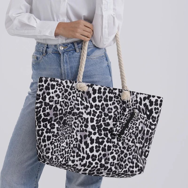 Leopardenmuster Shopper Set 2-teilig Große Tragetasche 56 x 36 x 16 cm mit Reißverschluss Etui 15 x 12 cm, Rot