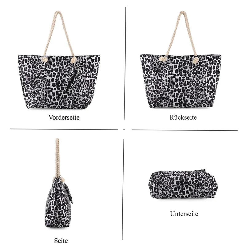 Leopardenmuster Shopper Set 2-teilig Große Tragetasche 56 x 36 x 16 cm mit Reißverschluss Etui 15 x 12 cm, Rot