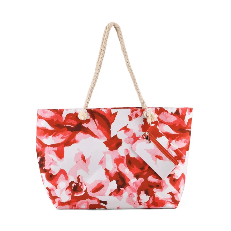 Leopardenmuster Shopper Set 2-teilig Große Tragetasche 56 x 36 x 16 cm mit Reißverschluss Etui 15 x 12 cm, Rot