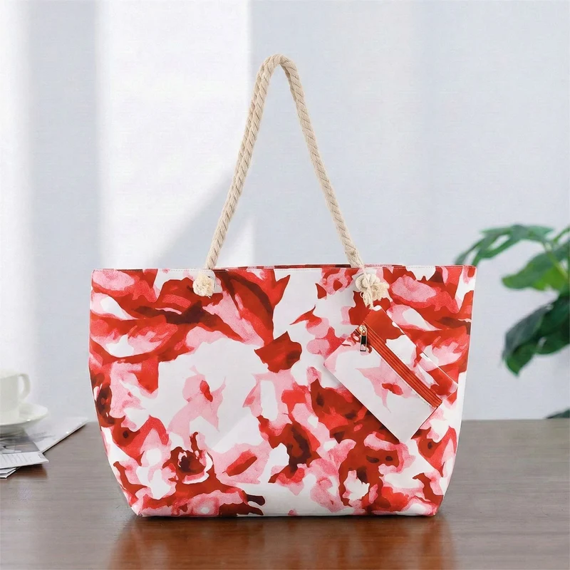 Leopardenmuster Shopper Set 2-teilig Große Tragetasche 56 x 36 x 16 cm mit Reißverschluss Etui 15 x 12 cm, Rot