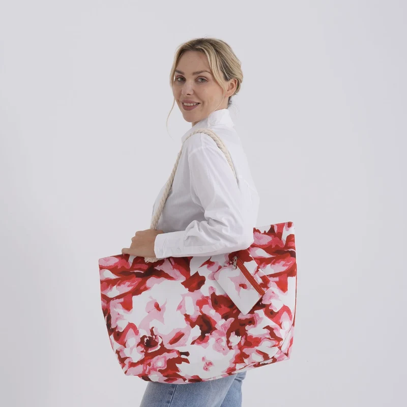 Leopardenmuster Shopper Set 2-teilig Große Tragetasche 56 x 36 x 16 cm mit Reißverschluss Etui 15 x 12 cm, Rot