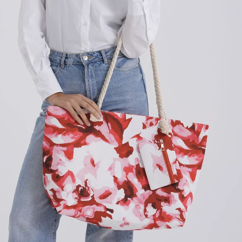 Leopardenmuster Shopper Set 2-teilig Große Tragetasche 56 x 36 x 16 cm mit Reißverschluss Etui 15 x 12 cm, Rot