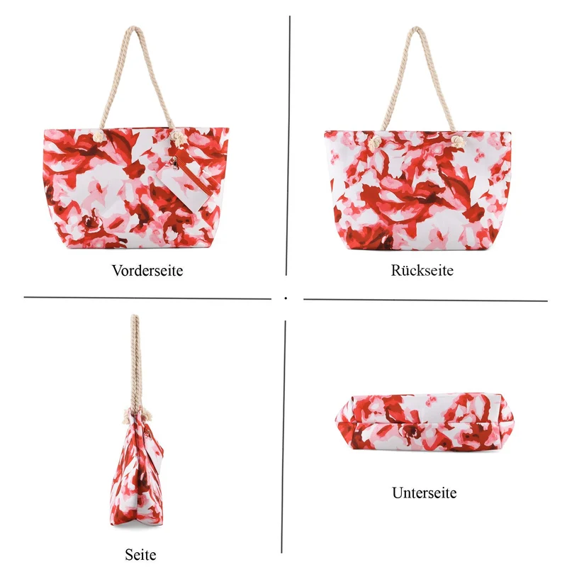 Leopardenmuster Shopper Set 2-teilig Große Tragetasche 56 x 36 x 16 cm mit Reißverschluss Etui 15 x 12 cm, Rot