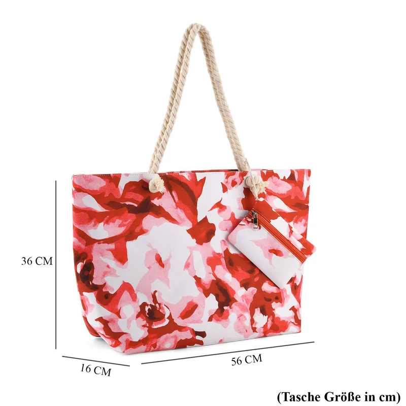 Leopardenmuster Shopper Set 2-teilig Große Tragetasche 56 x 36 x 16 cm mit Reißverschluss Etui 15 x 12 cm, Rot