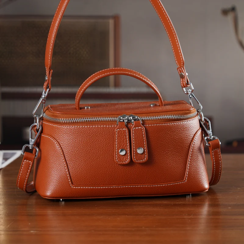 Echtleder City Crossbody-Tasche mit Tragegriff, Braun, 23.5x12x10 cm