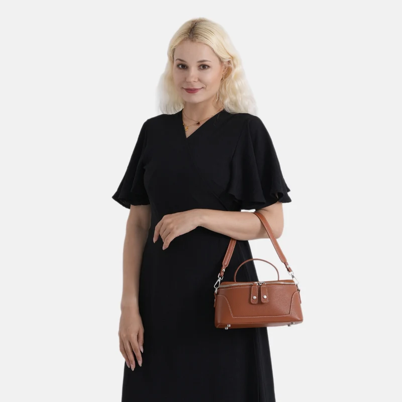 Echtleder City Crossbody-Tasche mit Tragegriff, Braun, 23.5x12x10 cm