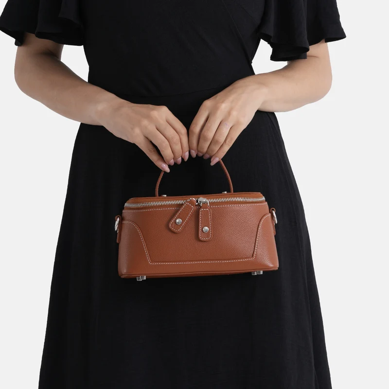 Echtleder City Crossbody-Tasche mit Tragegriff, Braun, 23.5x12x10 cm
