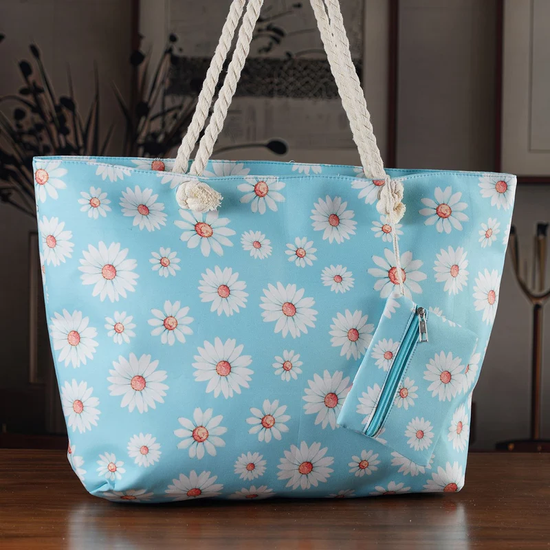 2er Set Sommertaschen, Blumenprint, 56 x 36 x 16 cm, Münzbeutel 15 x 12 cm, Prilblume