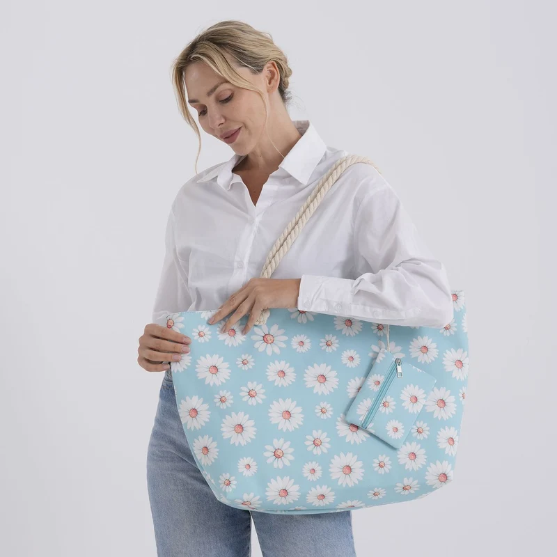 2er Set Sommertaschen, Blumenprint, 56 x 36 x 16 cm, Münzbeutel 15 x 12 cm, Prilblume