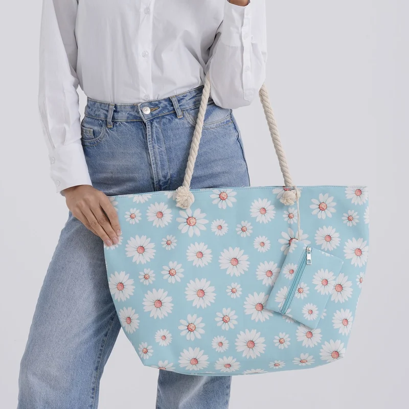 2er Set Sommertaschen, Blumenprint, 56 x 36 x 16 cm, Münzbeutel 15 x 12 cm, Prilblume