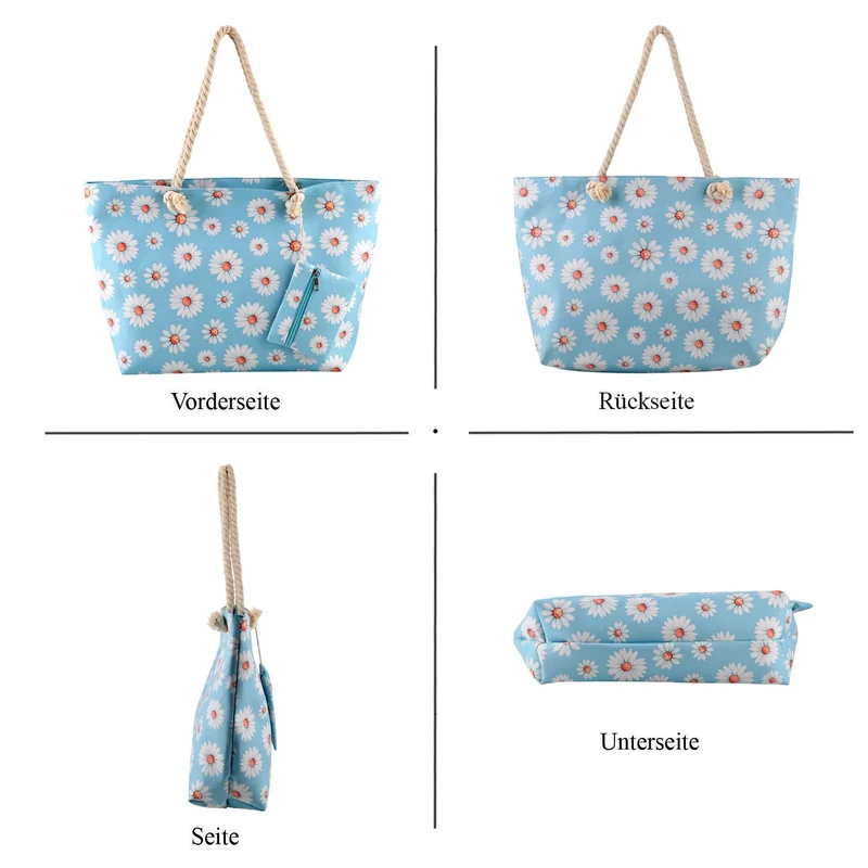 2er Set Sommertaschen, Blumenprint, 56 x 36 x 16 cm, Münzbeutel 15 x 12 cm, Prilblume