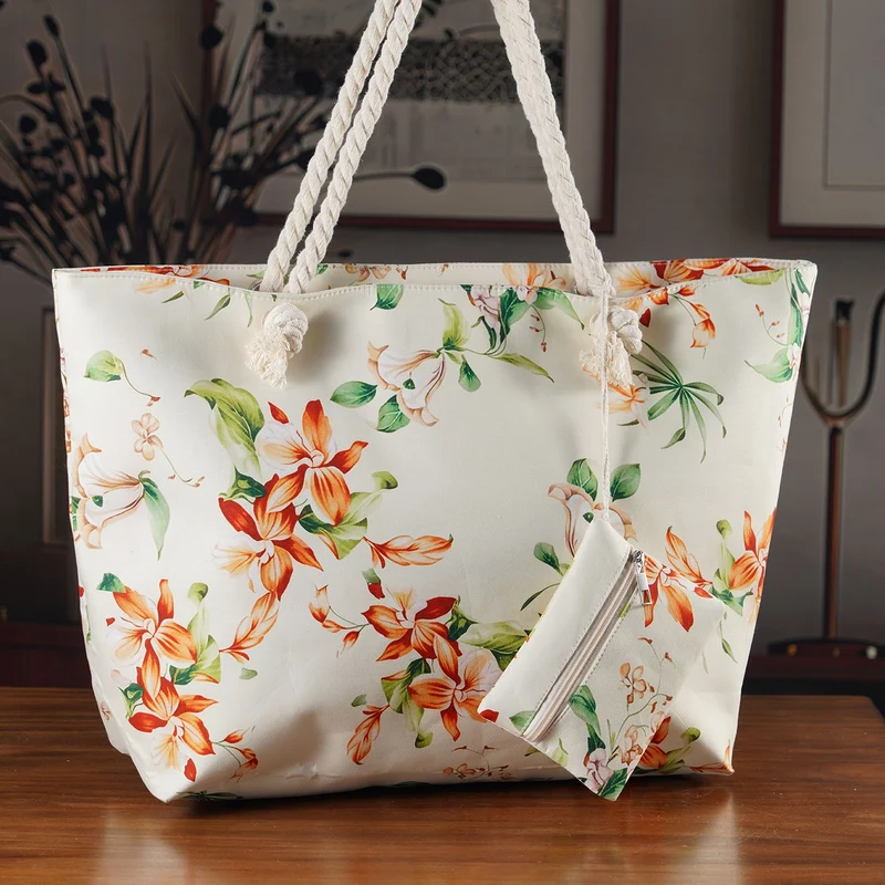 2er Set Sommertaschen, Blumenprint, 56 x 36 x 16 cm, Münzbeutel 15 x 12 cm, Prilblume
