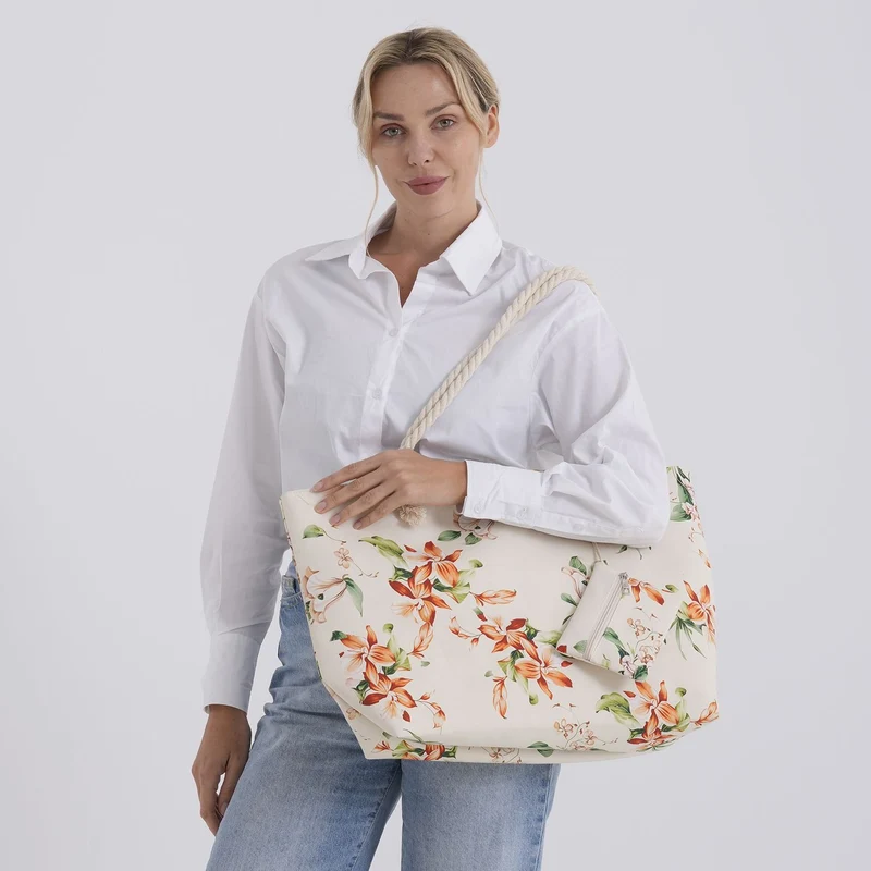 2er Set Sommertaschen, Blumenprint, 56 x 36 x 16 cm, Münzbeutel 15 x 12 cm, Prilblume