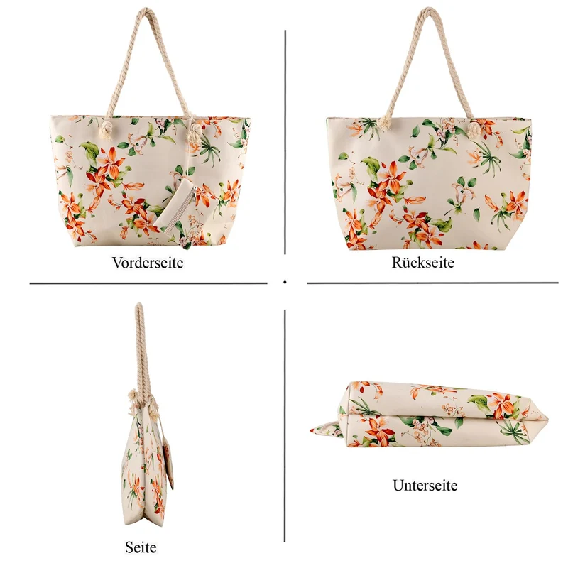 2er Set Sommertaschen, Blumenprint, 56 x 36 x 16 cm, Münzbeutel 15 x 12 cm, Prilblume