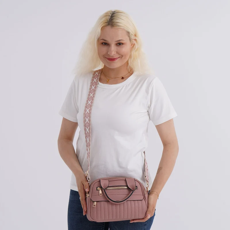 Crossbody-Tasche mit Mehrfachfächern, Kunstleder, 25 x 9 x 18 cm, Rosa