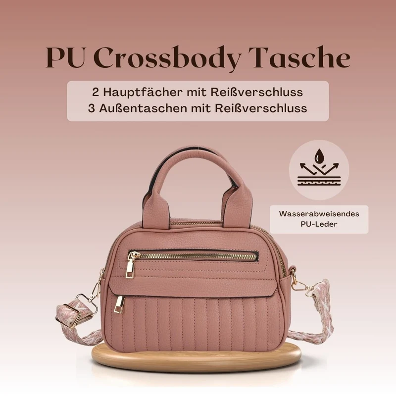 Crossbody-Tasche mit Mehrfachfächern, Kunstleder, 25 x 9 x 18 cm, Rosa