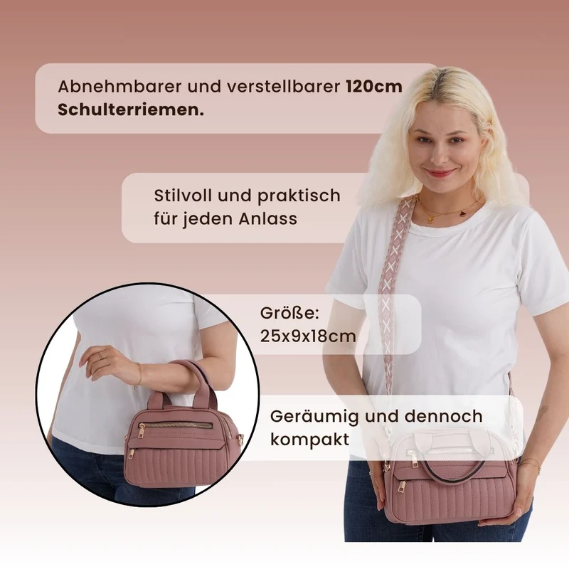 Crossbody-Tasche mit Mehrfachfächern, Kunstleder, 25 x 9 x 18 cm, Rosa