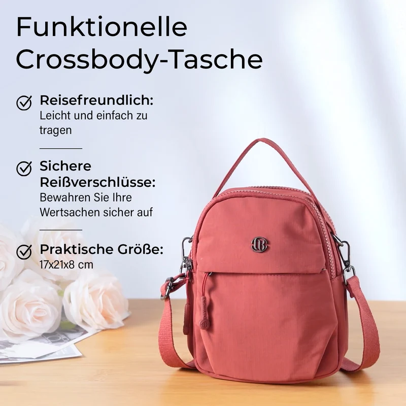 Praktische Nylon-Crossbody-Bag mit mehreren Fächern, ca. 17x21x8 cm, Rot