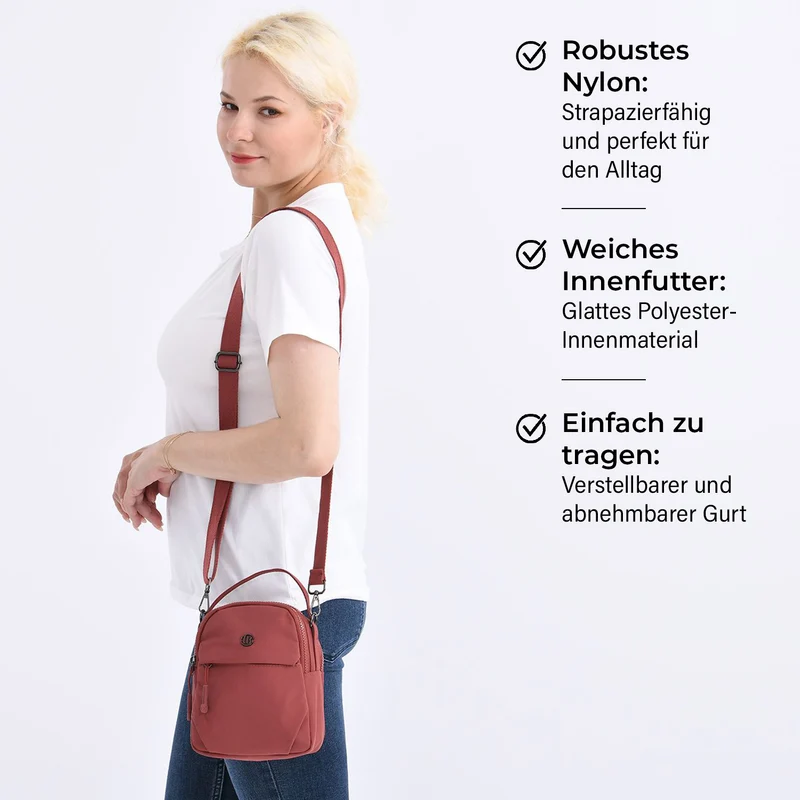 Praktische Nylon-Crossbody-Bag mit mehreren Fächern, ca. 17x21x8 cm, Rot