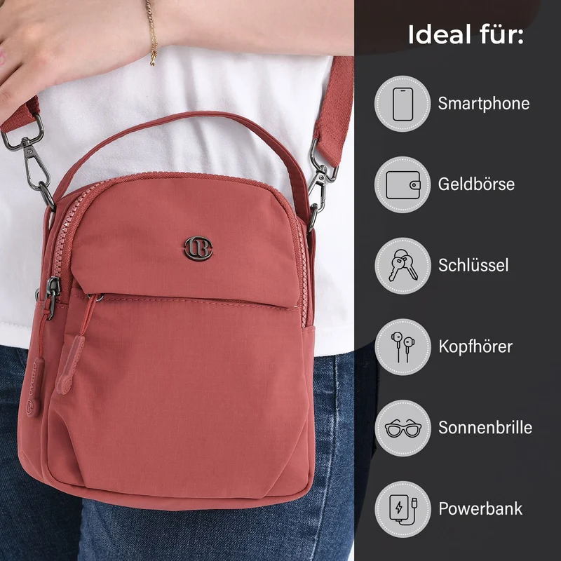 Praktische Nylon-Crossbody-Bag mit mehreren Fächern, ca. 17x21x8 cm, Rot