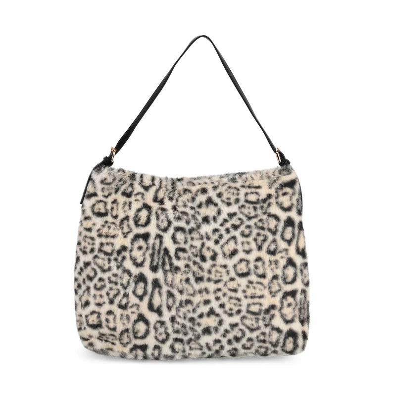 Leopardenmuster-Fellimitat-Tasche, 46x11x35 cm, Beige-Schwarz