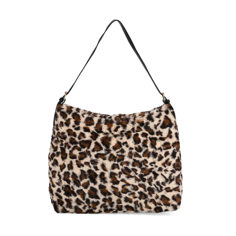 Leopardenmuster-Fellimitat-Tasche, 46x11x35 cm, Schwarz-Braun