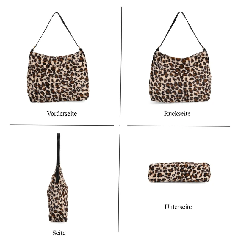 Leopardenmuster-Fellimitat-Tasche, 46x11x35 cm, Schwarz-Braun