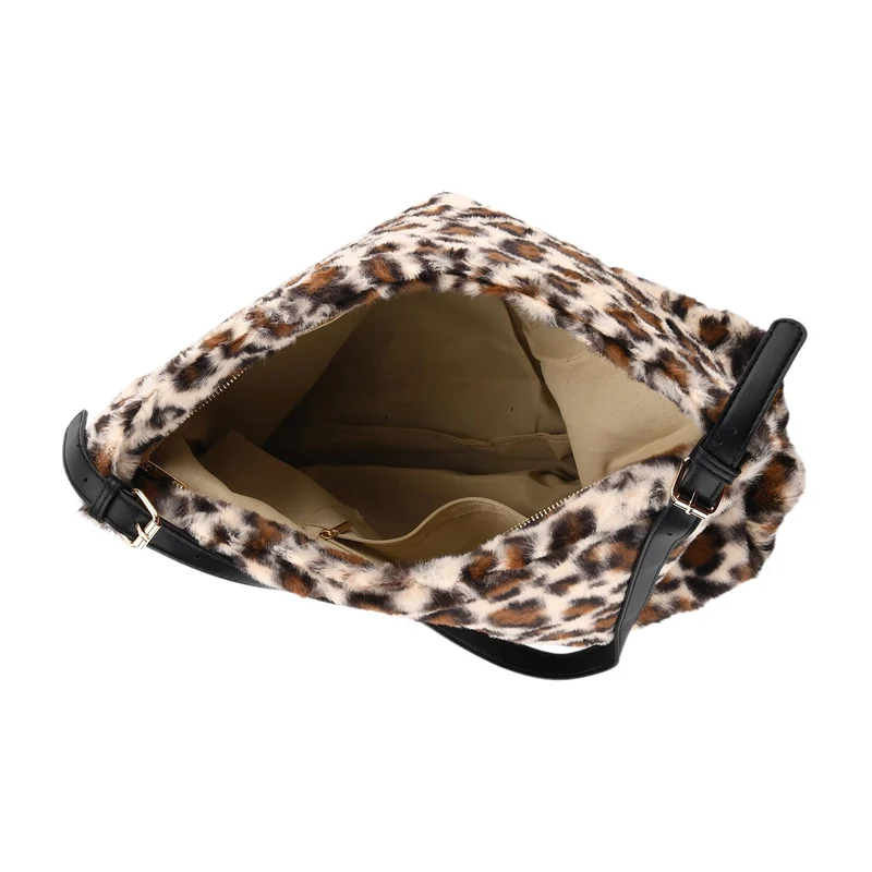 Leopardenmuster-Fellimitat-Tasche, 46x11x35 cm, Schwarz-Braun