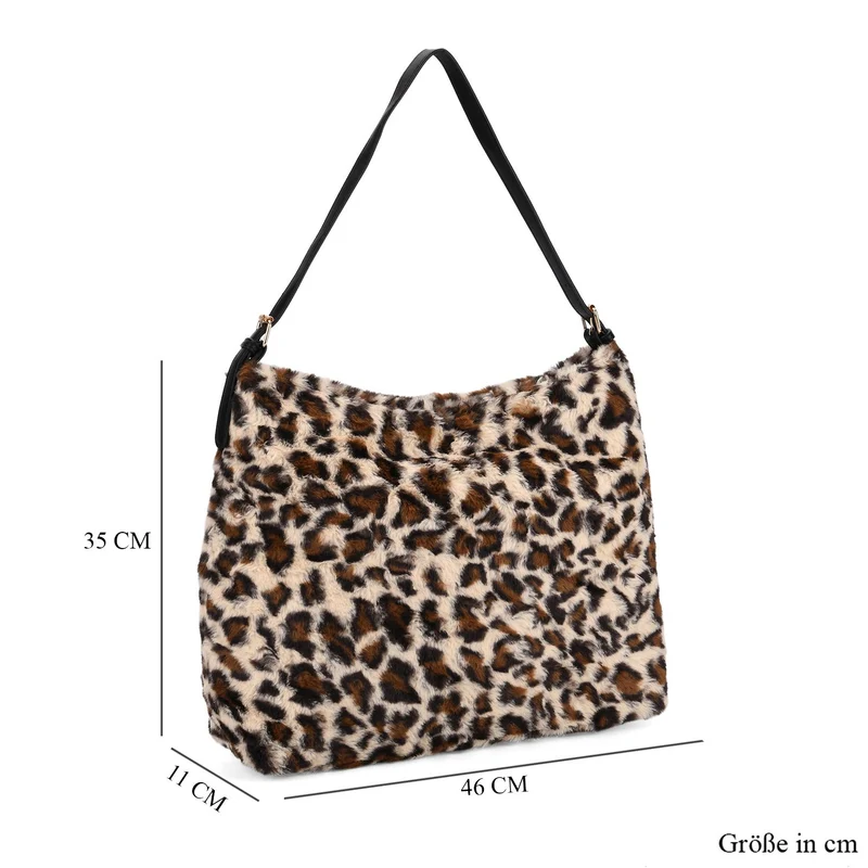 Leopardenmuster-Fellimitat-Tasche, 46x11x35 cm, Schwarz-Braun