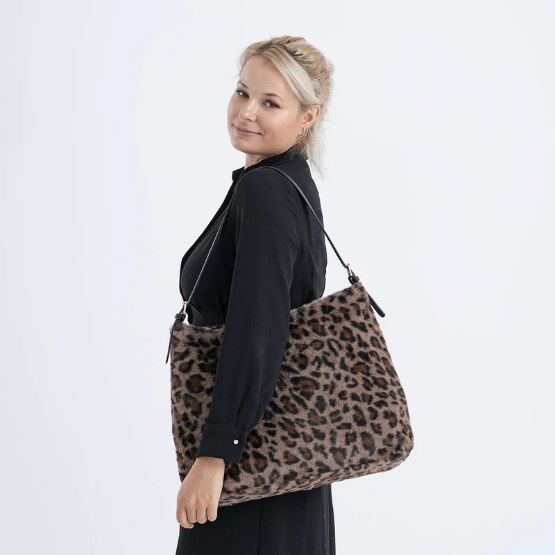 Leopardenmuster-Fellimitat-Tasche, 46x11x35 cm, Schwarz-Braun