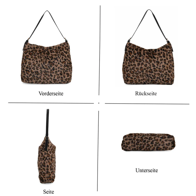 Leopardenmuster-Fellimitat-Tasche, 46x11x35 cm, Schwarz-Braun