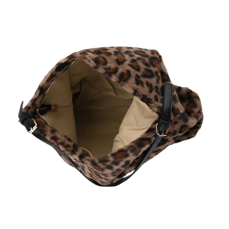 Leopardenmuster-Fellimitat-Tasche, 46x11x35 cm, Schwarz-Braun