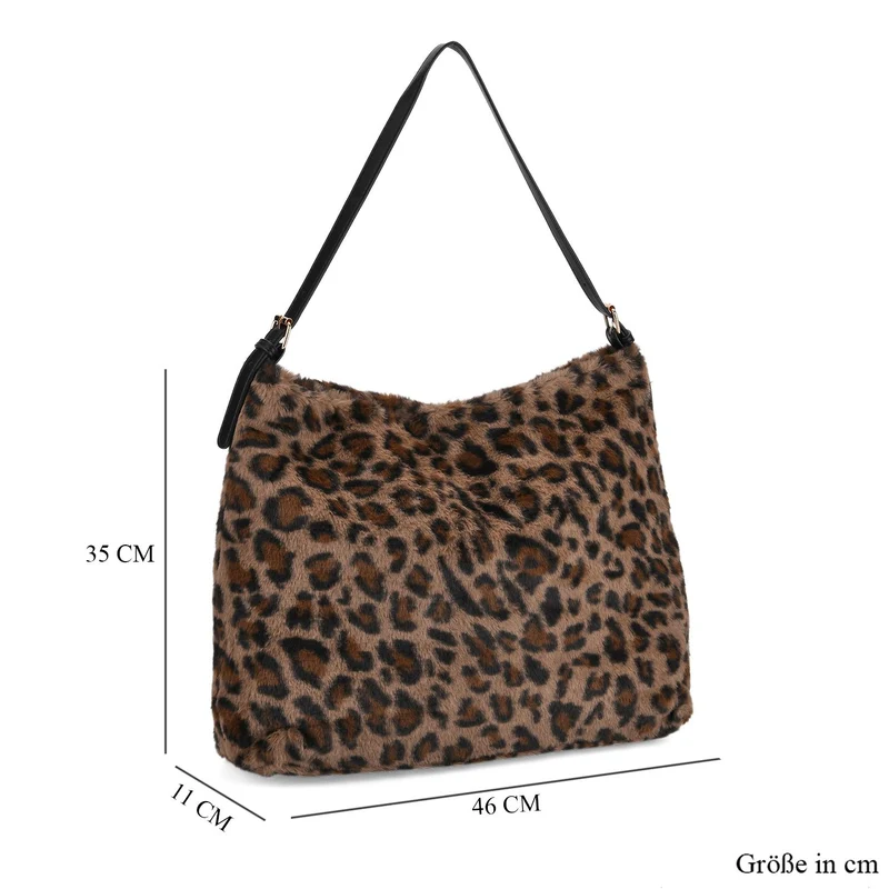 Leopardenmuster-Fellimitat-Tasche, 46x11x35 cm, Schwarz-Braun