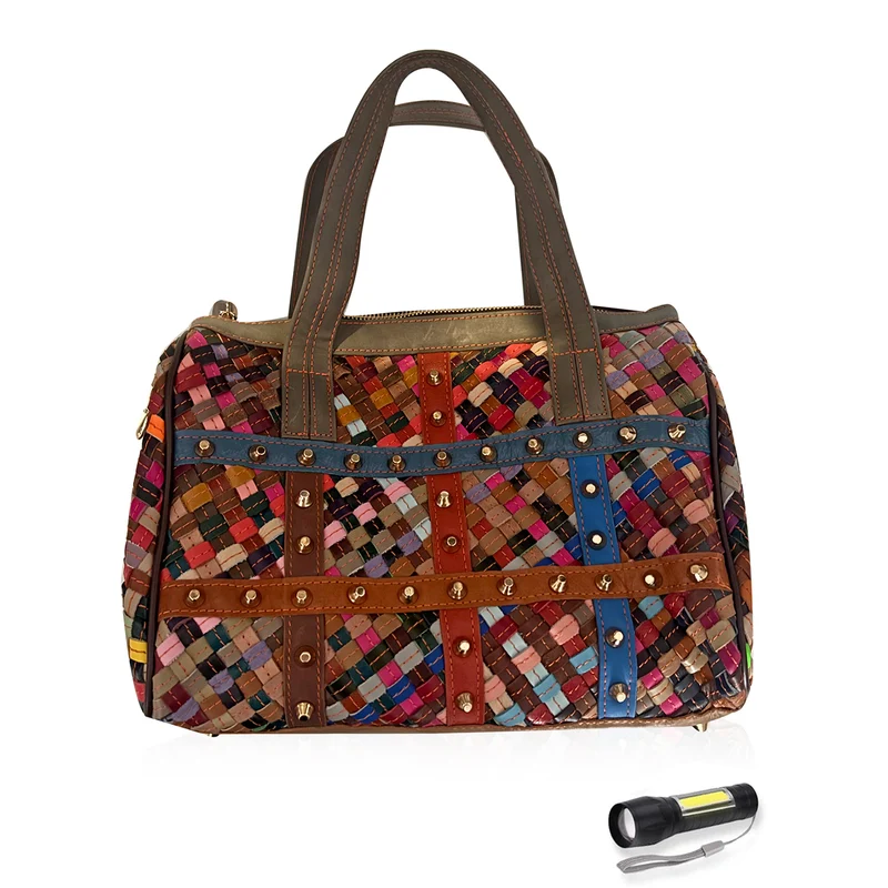 Chaos by Elsie, Crossbody-Tasche aus echtem Leder, Multicolor mit Krokoprägung, RFID-Schutz und Mini-Taschenlampe, ca. 31,5x17,5x19,5 cm