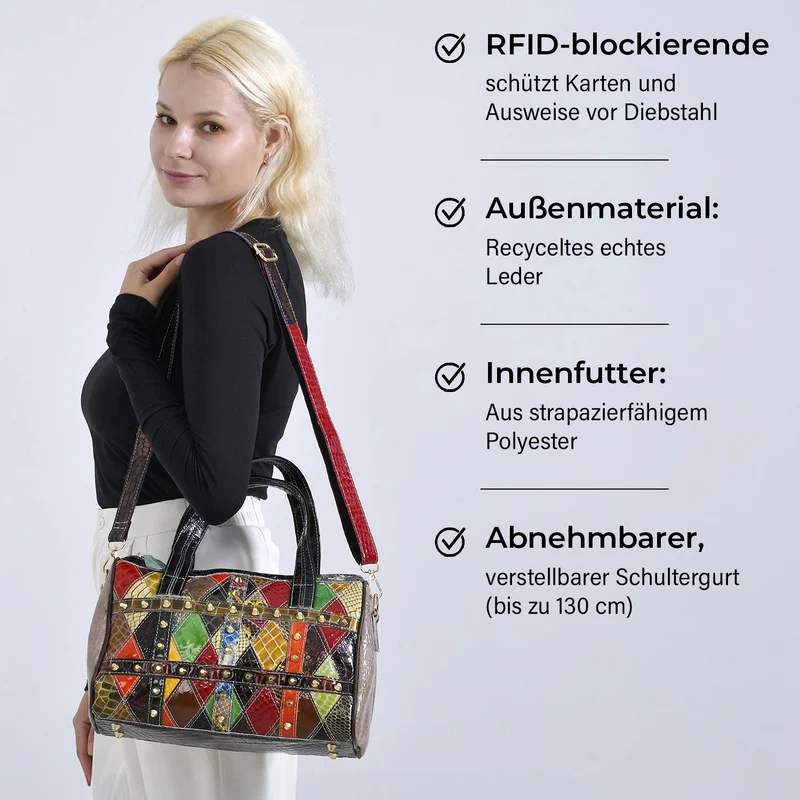Chaos by Elsie, Crossbody-Tasche aus echtem Leder, Multicolor mit Krokoprägung, RFID-Schutz und Mini-Taschenlampe, ca. 31,5x17,5x19,5 cm