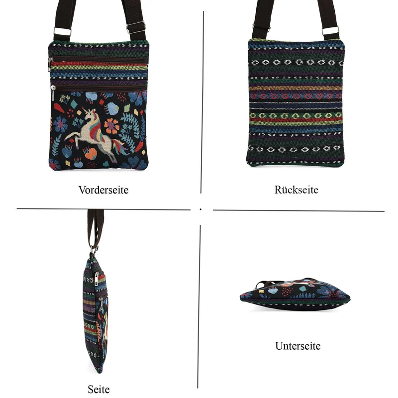 Crossbody-Tasche mit Einhorn, 3 Reißverschlussfächer, verstellbarer Schultergurt (ca. 120 cm), 21x28 cm, Mehrfarbig