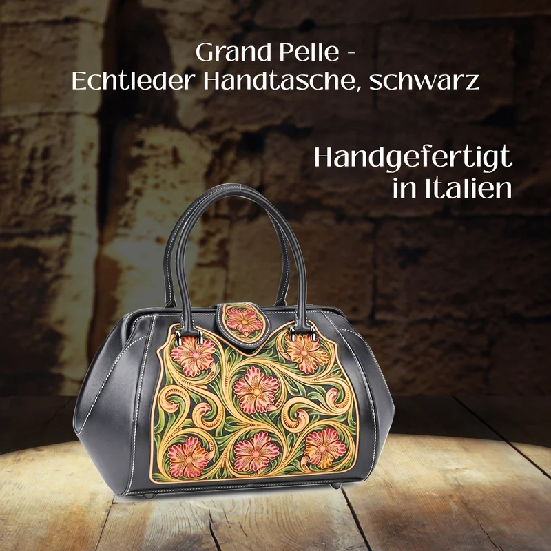 GRAND PELLE Elite Kollektion - Exklusive Handgravierte Lederhandtasche mit Floralem Meisterwerk, Größe 36 x 23 x 18 cm, grün