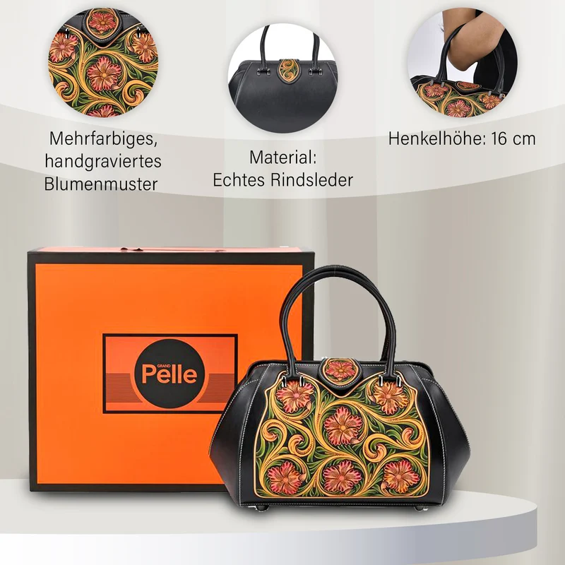 GRAND PELLE Elite Kollektion - Exklusive Handgravierte Lederhandtasche mit Floralem Meisterwerk, Größe 36 x 23 x 18 cm, grün