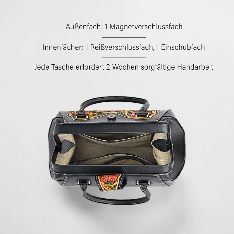 GRAND PELLE Elite Kollektion - Exklusive Handgravierte Lederhandtasche mit Floralem Meisterwerk, Größe 36 x 23 x 18 cm, grün