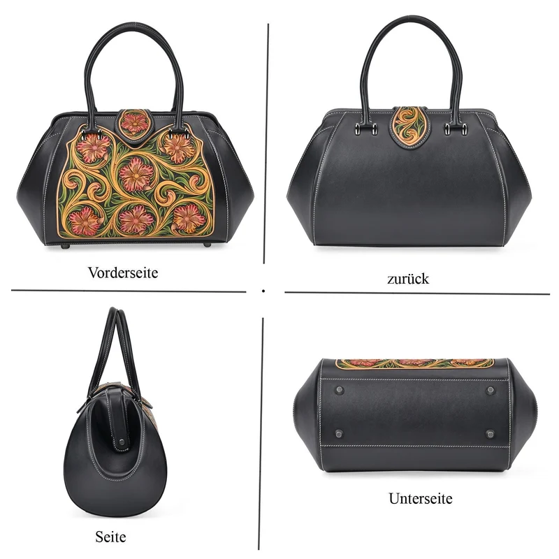GRAND PELLE Elite Kollektion - Exklusive Handgravierte Lederhandtasche mit Floralem Meisterwerk, Größe 36 x 23 x 18 cm, grün